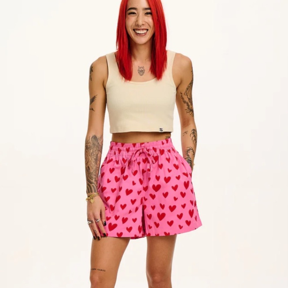 NWT Charlie Cotton Shorts Pink Heart Cupid Print Lucy & Yak Elastic Waist Small